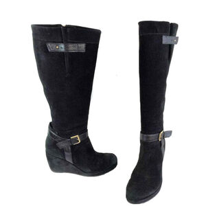 Anyi Lu Size 8M Blaire Black Suede Knee High Platform Wedge Harness Boots